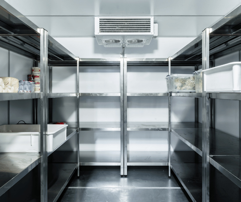 Image of storage shelves in a restaurant storage container