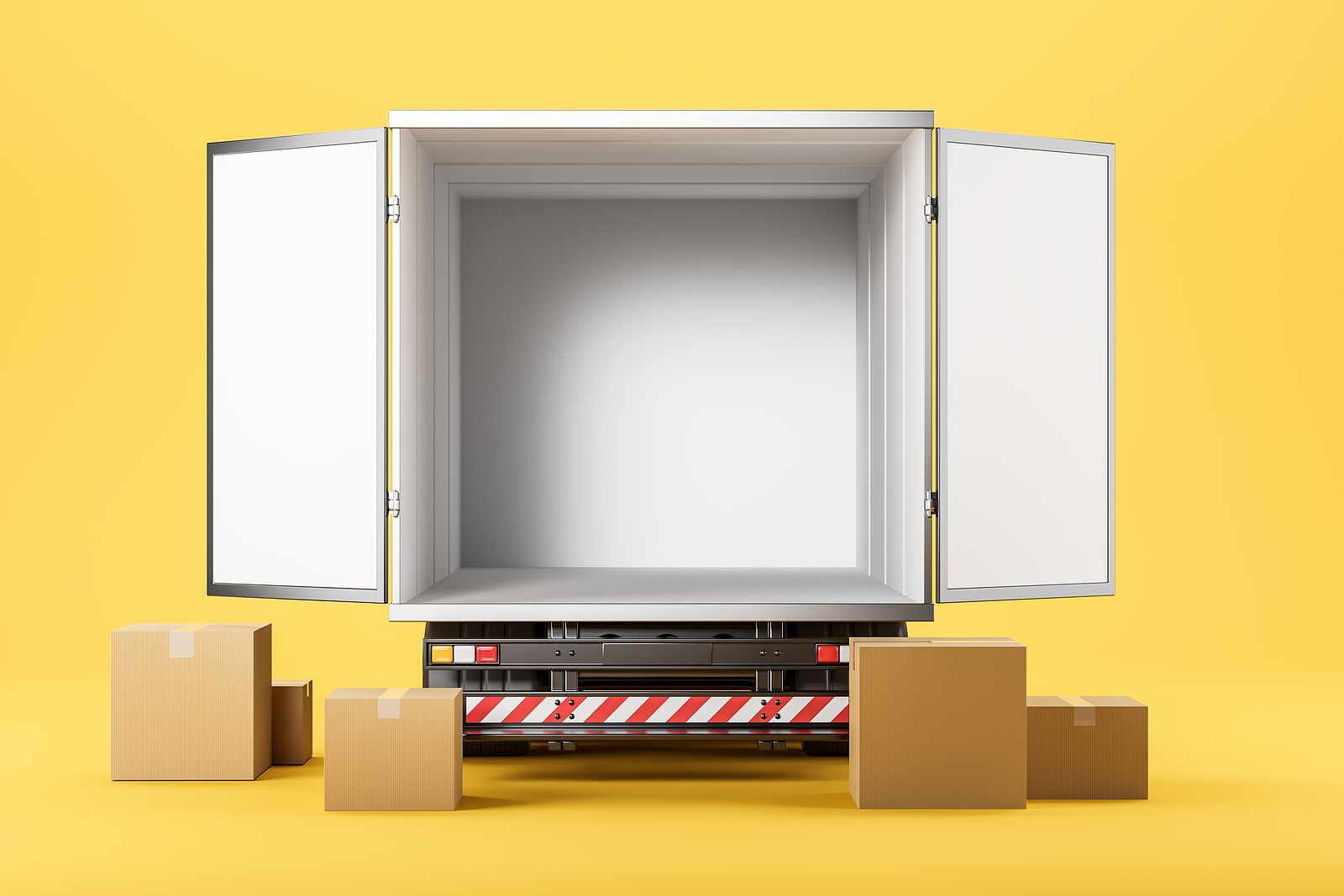 Graphic image of a storage trailer with open doors and packed boxes in the foreground