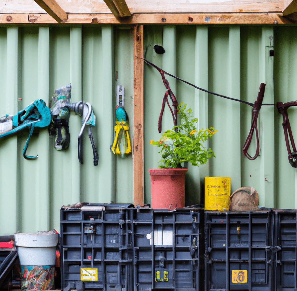 Image of a storage container with landscaping tools