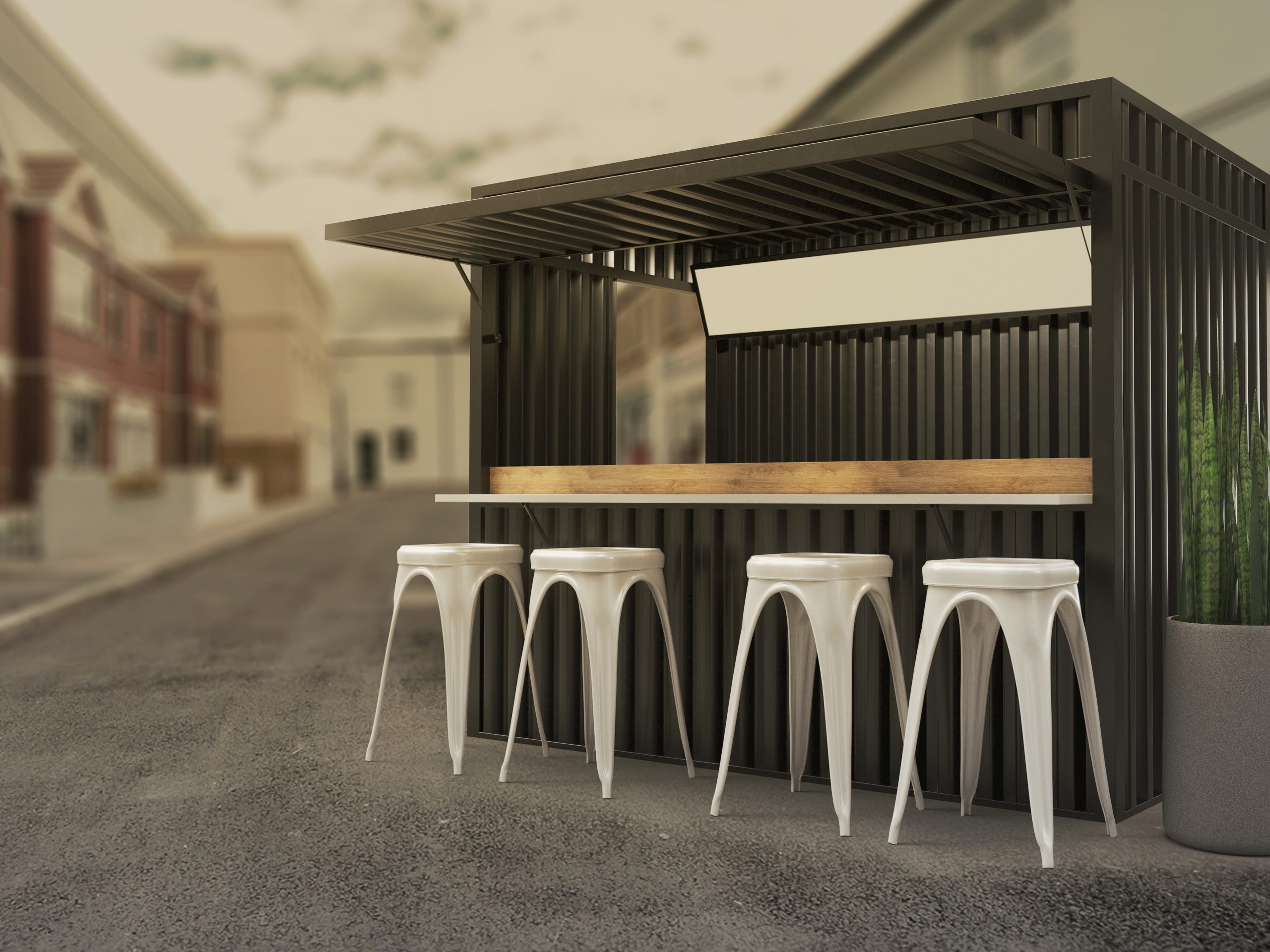 Image of a shipping container that has been converted into a cafe