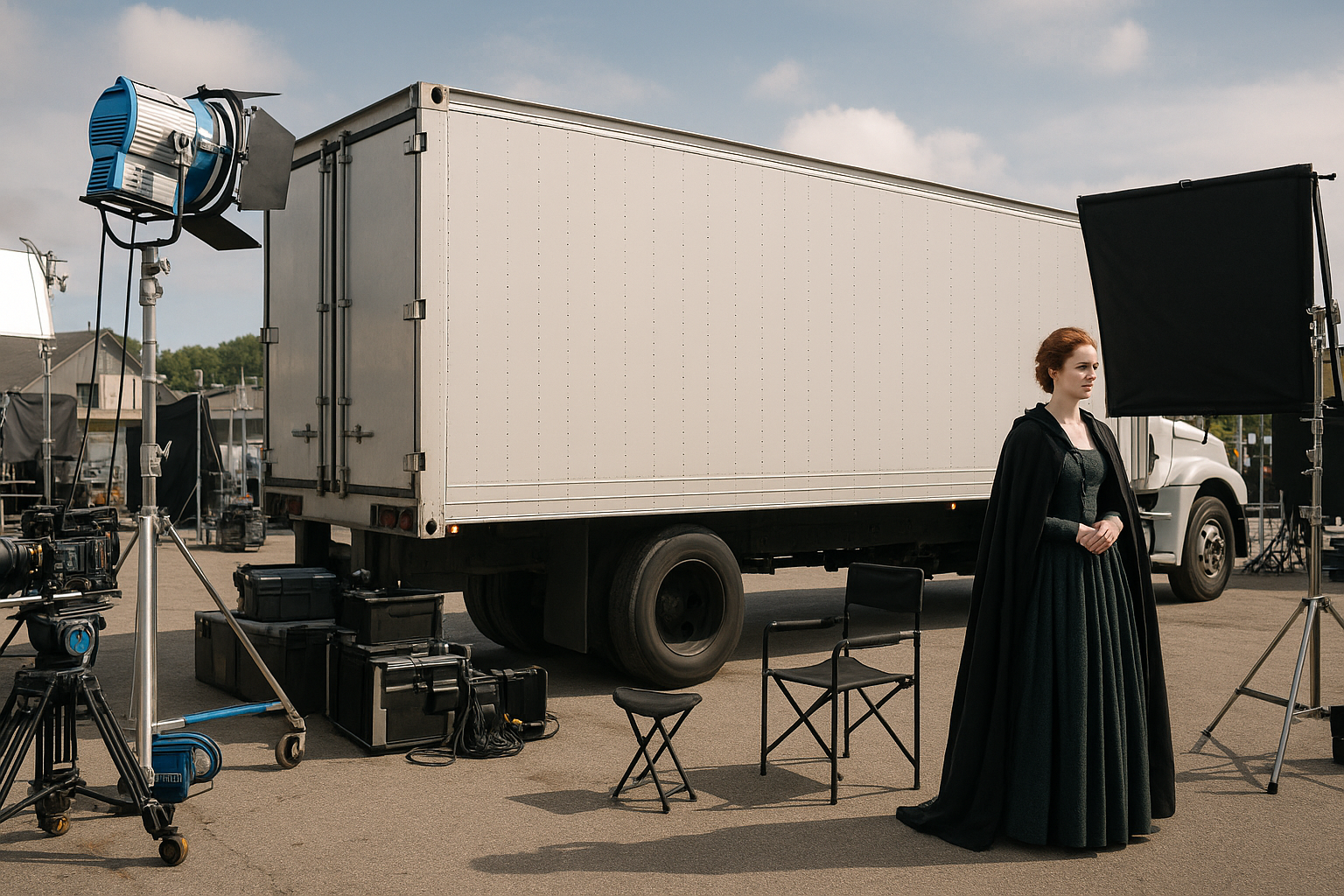 Image of an actress on a film set standing near a storage trailer