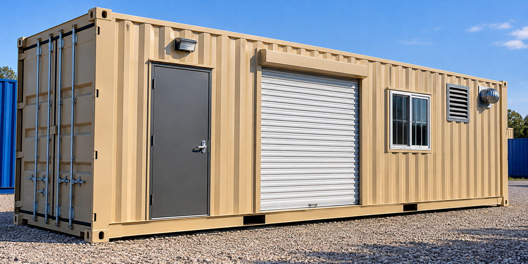 Modified shipping container with personnel door, roll-up door, window, and ventilation
